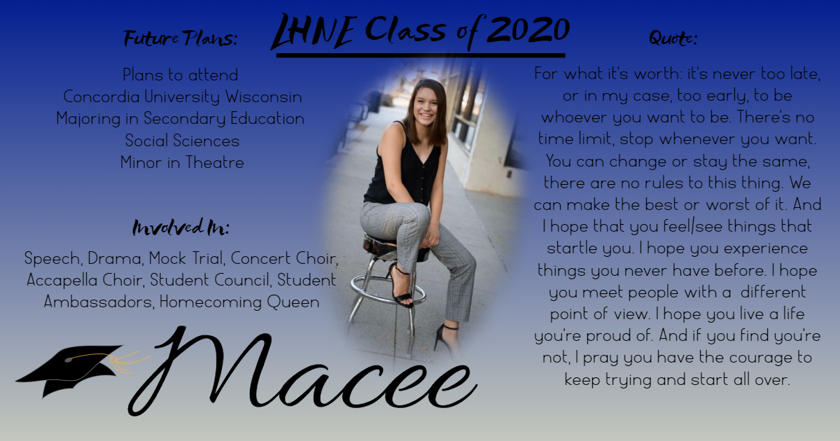 LHNEeagles's tweet photo. Senior spotlight: Today we congratulate and honor LHNE Senior, Macee!

Please share your congratulations and words of encouragement with Macee today and take a moment to say a prayer for her as she celebrates her accomplishments and looks forward to the future. https://t.co/MIguPxtMnW