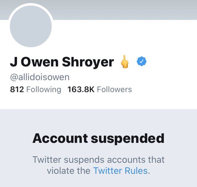 jeffhanson9's tweet photo. Owen Shroyer, Rob Dew, Harrison Smith and BannedDotVideo all banned from Twitter in one day. Why would this be?  #InfowarsBan2020 https://t.co/PJBRz2k06P