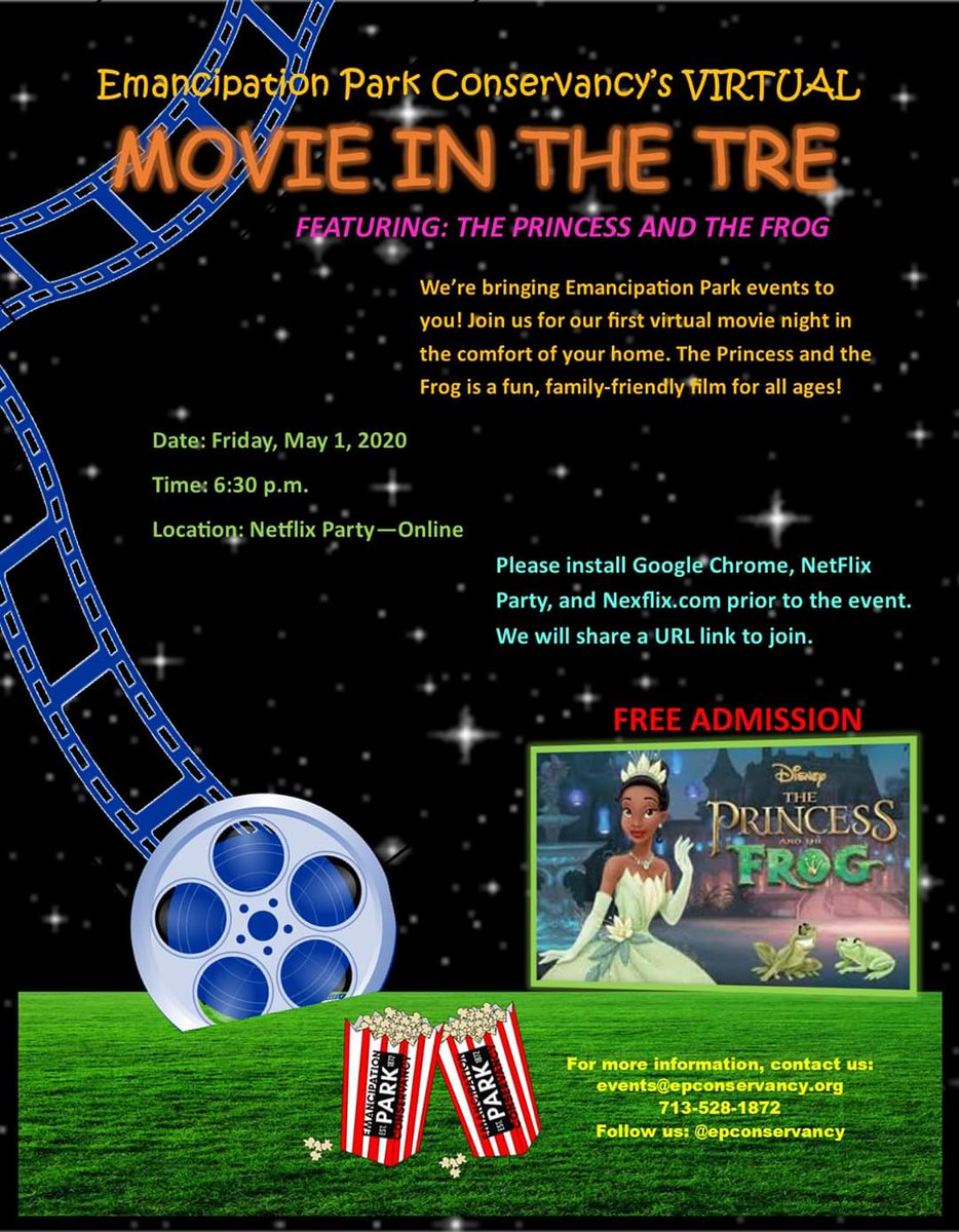 EPConservancy's tweet photo. Join us Friday, May 1, 2020 at 6:30p on Netflix Party for a FREE family-friendly movie night in the comfort of your home. The Princess and the Frog is great for all ages. Click link for Netflix Party instructions: https://t.co/HJ5PBdgyUL  
#EPConservamcy #EPCVirtualHou https://t.co/u0KkSWE2gC