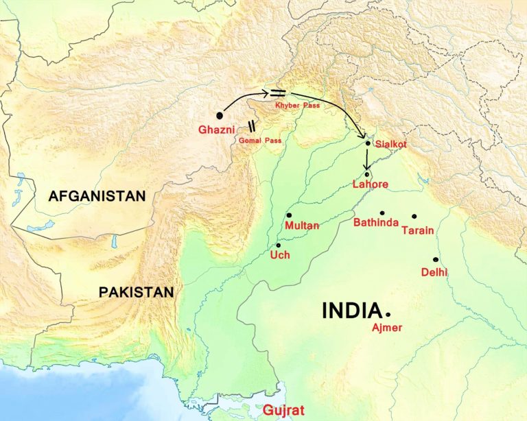 Two maps show the Muhammad Ghori´s Second Invasion of India (1179AD). After the first invasion´s failure, Ghori changed his strategy: crossed the Khyber Pass and conquered Punjab. After that, he crushed Hindu forces at the Battle of Tarain, conquering Delhi right after it.