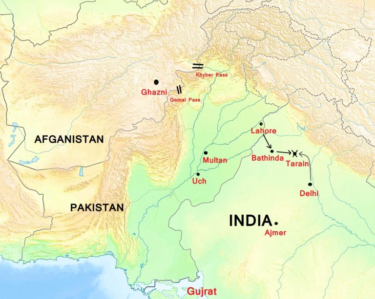 Two maps show the Muhammad Ghori´s Second Invasion of India (1179AD). After the first invasion´s failure, Ghori changed his strategy: crossed the Khyber Pass and conquered Punjab. After that, he crushed Hindu forces at the Battle of Tarain, conquering Delhi right after it.