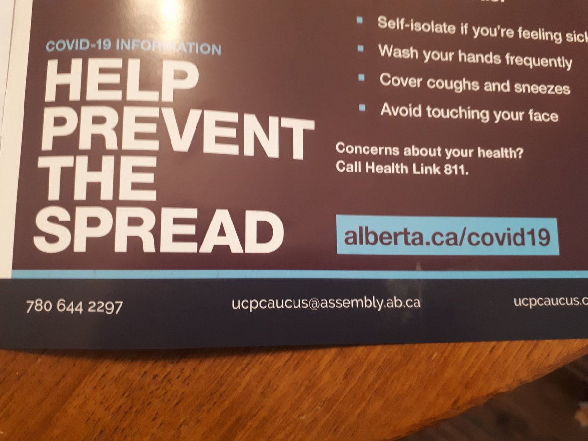 This is particularly gross. If the info is from the Government of Alberta, then it shouldn't include a partisan label, or partisan contact info. It *should* include the toll-free phone number, though.  #abpoli  #ableg