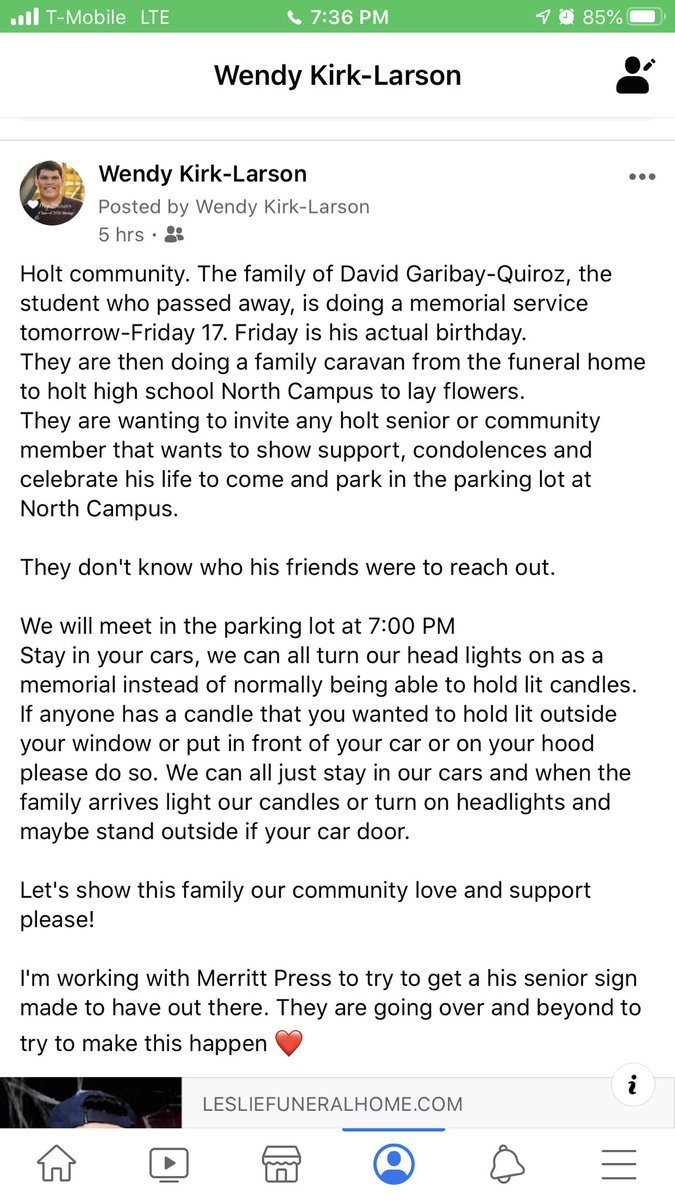 Holt Rams let's come to North campus parking lot tomorrow 4/17/20 7pm for a memorial for David. lesliefuneralhome.com/obituary/david…