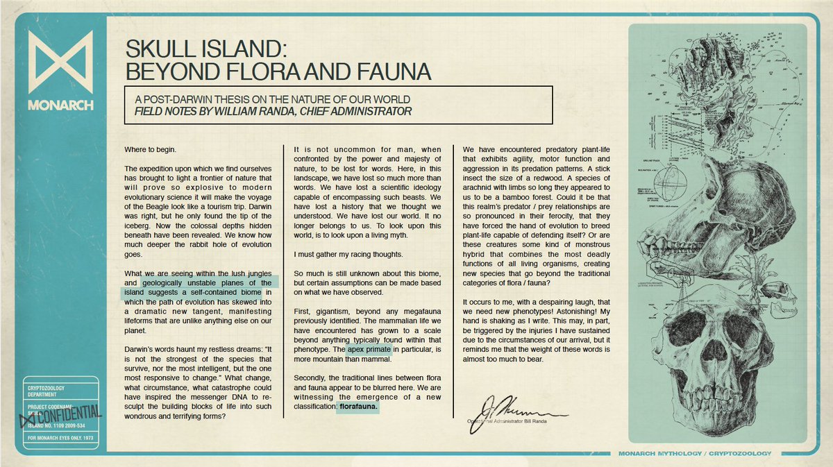 Did you catch Bill Randa's classified memo on screen? Here's his full report on "florafauna", a previously undiscovered classification of terrestrial life that he proposes may be found on Skull Island. #MonsterverseWatchalong