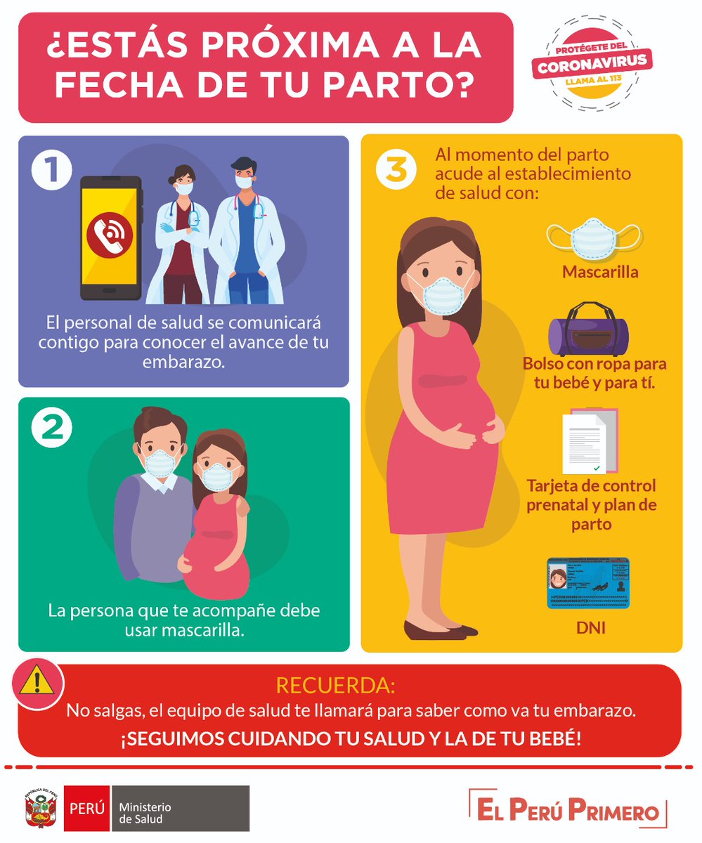 No salgas. Protege tu embarazo del #COVID19. De manera progresiva, el personal de salud de tu establecimiento se contactará contigo para saber sobre tu embarazo y orientarte para el parto. #YoMeQuedoEnCasa
