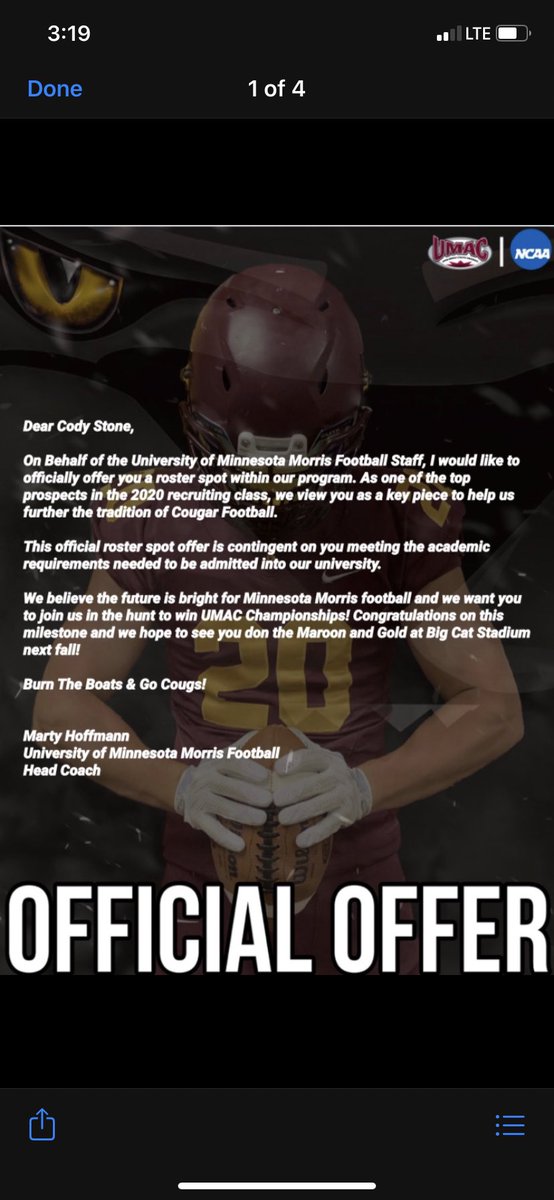 Cody_stone4's tweet photo. After a great talk with @Coach_Gehlen  and Coach Hoffman I’m excited to receive my 2nd offer at the University of Minnesota Morris!
#GoCougars!
@michaelbumpus5,
@UMMFootball,
@UMMCougars,
@BrandonHuffman,
@247Sports,
@247recruiting,
@MTownBearcats,
@MonroeBearcats,
@CoachK_Ski, https://t.co/p4XXaewP4k