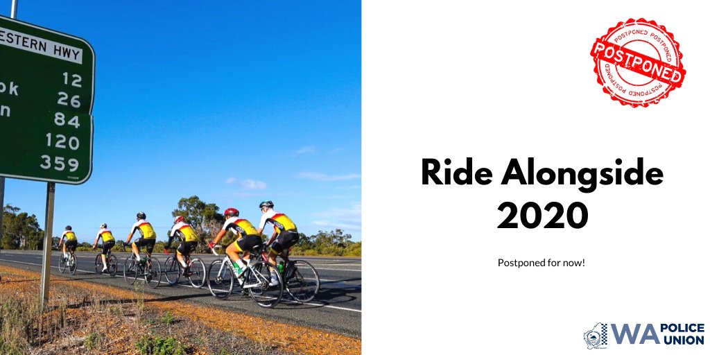 WAPoliceUnion's tweet photo. Unfortunately due to a number of factors with the evolving #COVID19 situation, the 2020 @RideGps
Organising Committee have postponed the event which was scheduled for 11-15 May 2020. @WAPoliceUnion will continue to sponsor the event next year💙 #ridealongside #mentalhealth https://t.co/vKo4LtAdAu