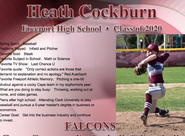 One of Freeport High School's class act student athletes - Heath Cockburn - go get'em Heath - Good luck at Clark University next fall!