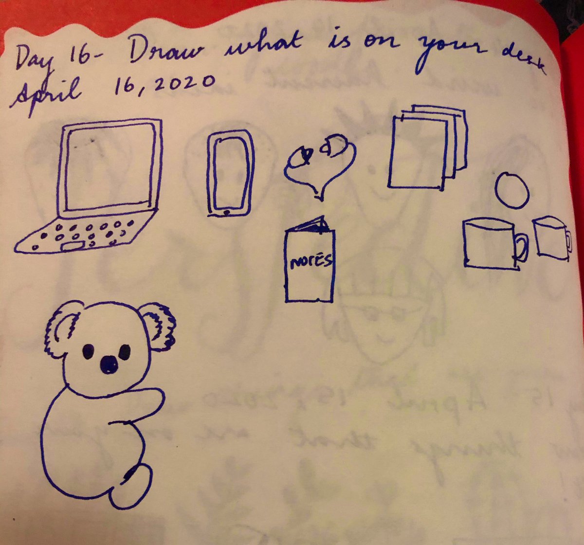 Day 16: Draw the things on your deskLaptop, phone, earphones, books and loose sheets of paper, many tea mugs with tea residue drying up, a ball and a koala bear (my children’s. Not mine )