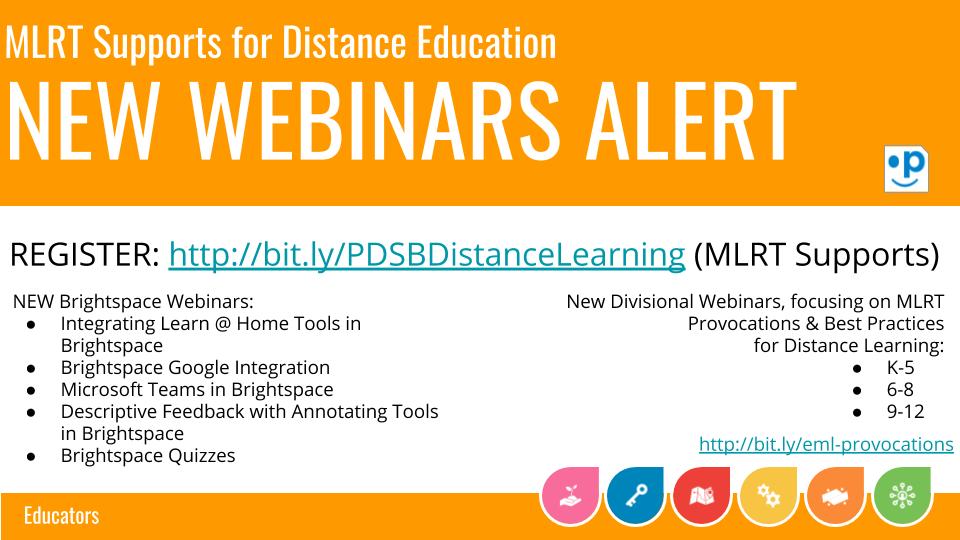 Time to REGISTER for next week's <a href="/PeelSchools/">Peel District School Board</a> <a href="/BrightspaceHelp/">Brightspace Community</a> LIVE Webinars brought to you by @Adrian_T_Graham <a href="/LukeSMahoney/">Luke Mahoney</a> <a href="/SJaBrace/">Samantha Brace</a> &amp; your MLRTs. Check out our NEW offerings: bit.ly/PDSBDistanceLe… &amp; NEW provocations going live tomorrow! bit.ly/eml-provocatio… #peel21st