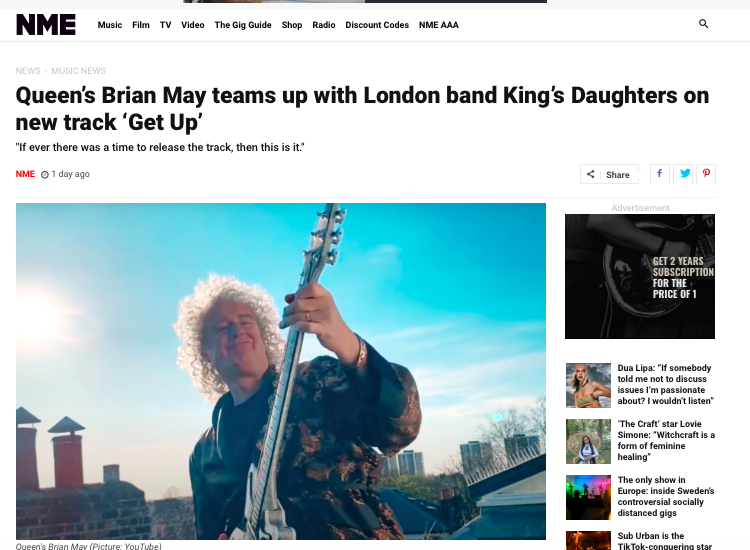 EttingerPR's tweet photo. Thank you @NME for supporting the epic GET UP mission to spread music, dance and joy across the world at this uncertain time on Earth, with @KingsDaughterss &amp; @DrBrianMay #HeyGetUp 

https://t.co/nu6bmLsD2t https://t.co/OH7ayHdNIg