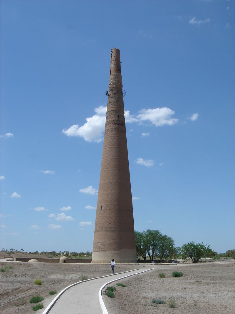 The 60 meter tall Kutlug Timur minaret in Urgench. Built in 1011 during the Khwarazmian dynasty.Around 60 minarets and towers built between the 11th and the 13th centuries in Central Asia.