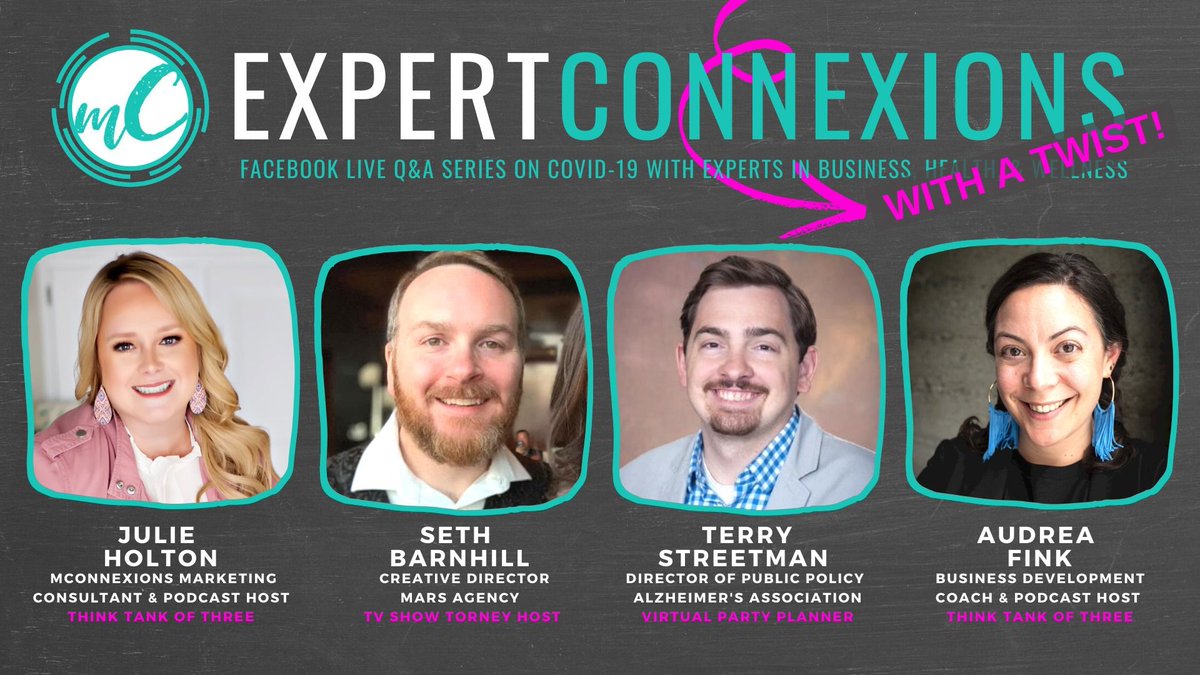 unodeucemedia's tweet photo. In this episode of #ExpertConnections, @julieholton and her @ThinkTankof3 co-host, @audreafink, talk with @artmercenary and Terry Streetman of the @alzassociation about some creative ways to get through this tough time. https://t.co/mMItuPHHMT  #COVID19Pandemic https://t.co/14YfYfK1n0