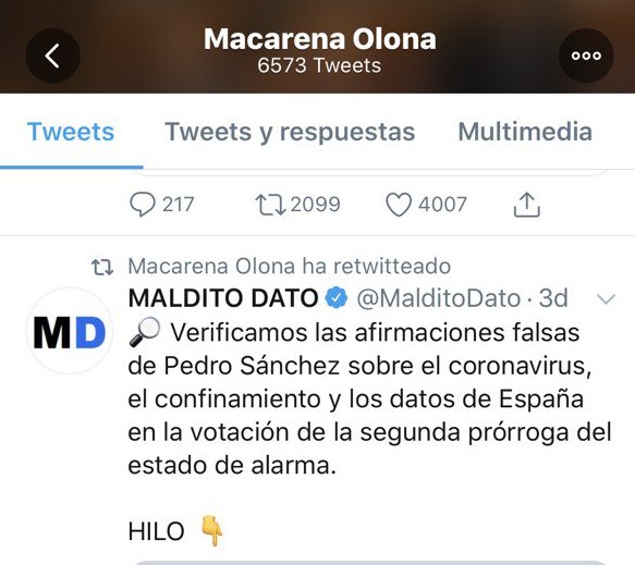 Mhemeroteca's tweet photo. A @Macarena_Olona hoy ya no le gustamos tampoco. 

Nuestra pieza de las afirmaciones falsas de Sánchez sí, de hace 5 días, sí. 

 6 días. vaya... https://t.co/HzydXV6fh7