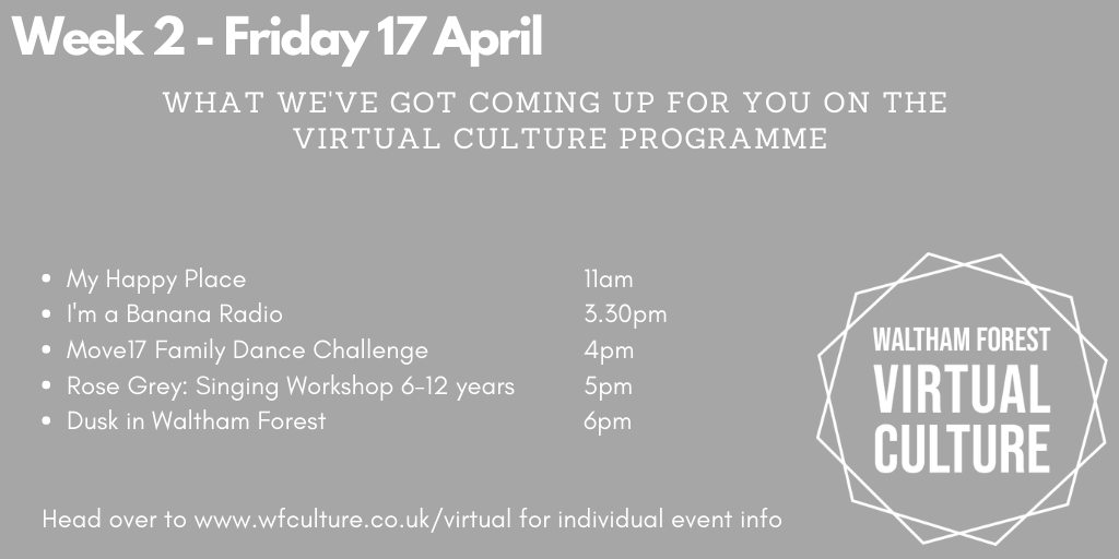 LBWFculture's tweet photo. Sessions coming up tomorrow for our #WFVirtualCulture programme. Let us know if you'll be joining us 👍🏽👍🏽 Details on each session here https://t.co/UOa1ad6tm6 https://t.co/T3QF7dlrBu