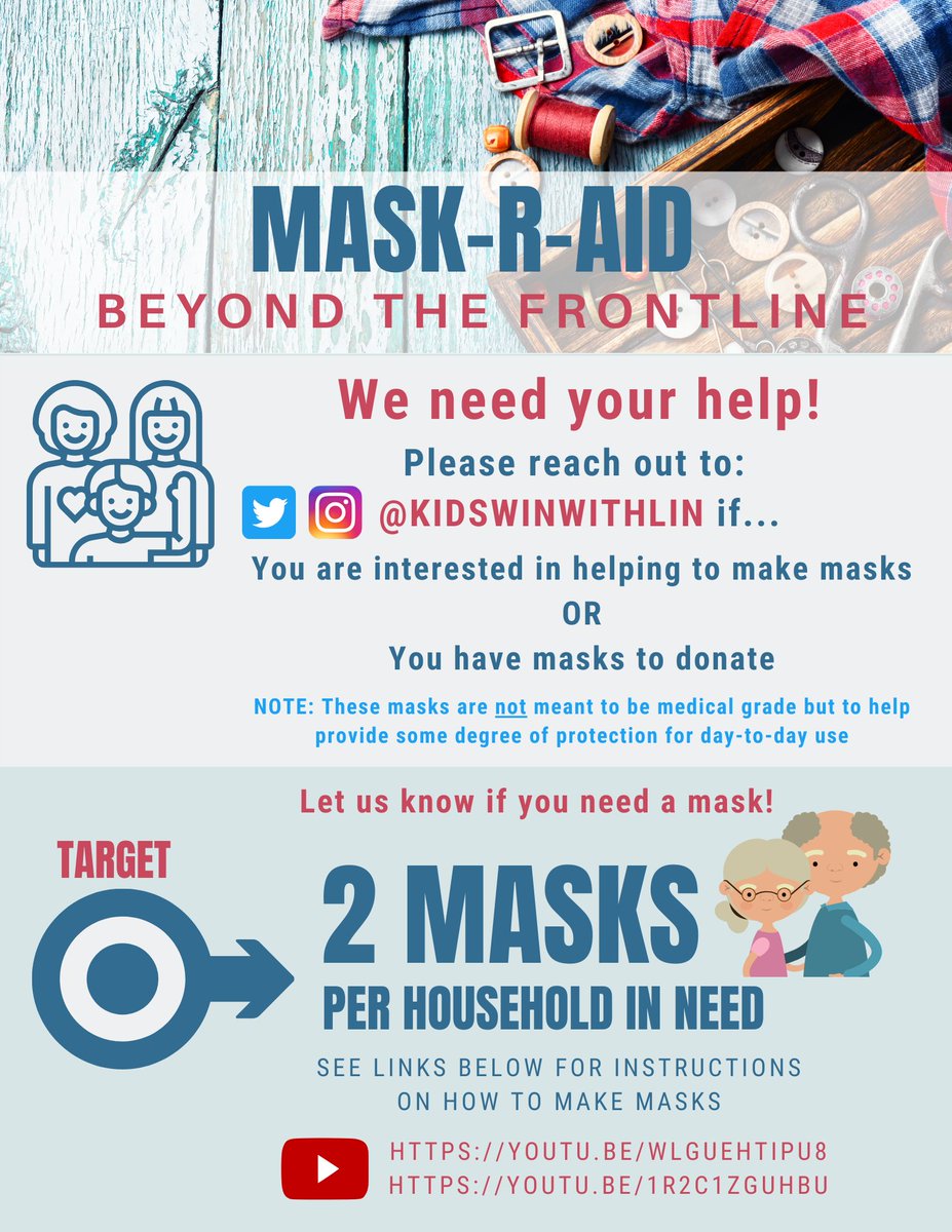 KidsWinWithLin's tweet photo. I am excited to be launching Phase 2 of the Mask-R-Aid campaign. We are not looking for monetary donations but are  looking for volunteers who can help make masks or to donate any extra masks they may have. Please see details in the flyer below and please share with others. https://t.co/3Vfte7hknN