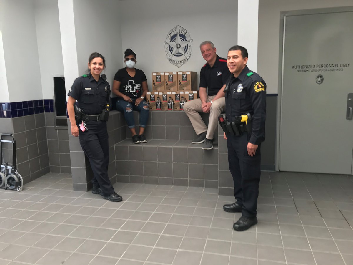 DallasPD's tweet photo. Thank you @NueVodka for your donation of hand sanitizer to the Northeast Patrol Division. We appreciate your support! #COVID19 @ChiefHallDPD @NENPODPD https://t.co/dZTPL9nq4C