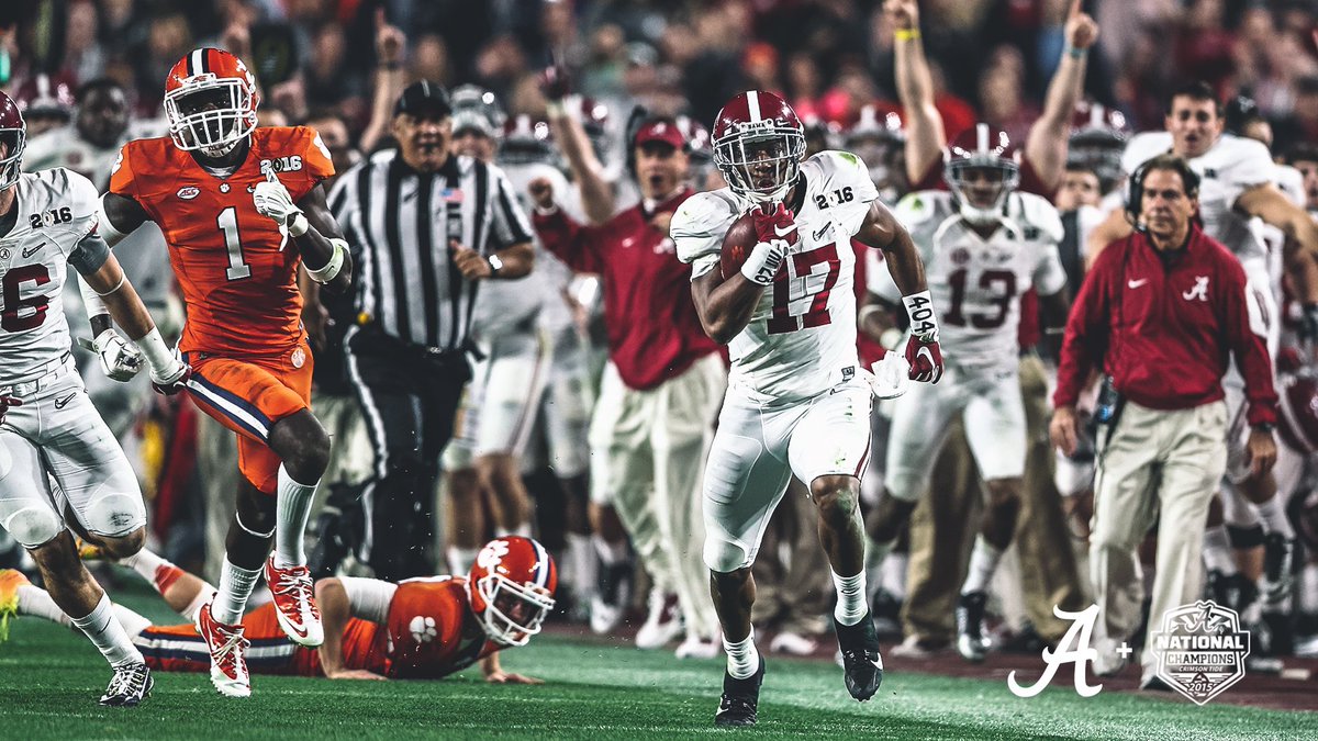 AlabamaFTBL's tweet photo. #Tbt to 2015, The 14–1 Crimson Tide won their 4th National Championship under Coach Saban 45-40, holding off the Clemson Tigers in the fourth quarter.
  
#BamaFactor #RollTide https://t.co/nmX4N5GiIK
