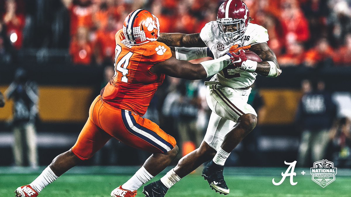 AlabamaFTBL's tweet photo. #Tbt to 2015, The 14–1 Crimson Tide won their 4th National Championship under Coach Saban 45-40, holding off the Clemson Tigers in the fourth quarter.
  
#BamaFactor #RollTide https://t.co/nmX4N5GiIK