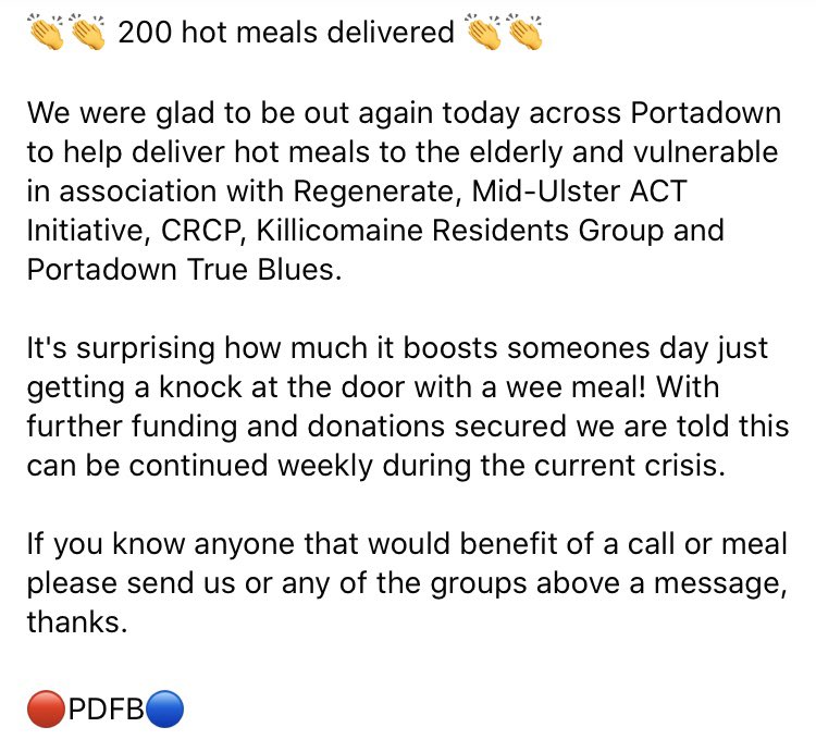 pdfb1971's tweet photo. Over 200 hot meals delivered today to elderly and vulnerable across the town. Hopefully be able to keep it up for next few weeks. Well done all involved. #community https://t.co/YVRVEJw1mY