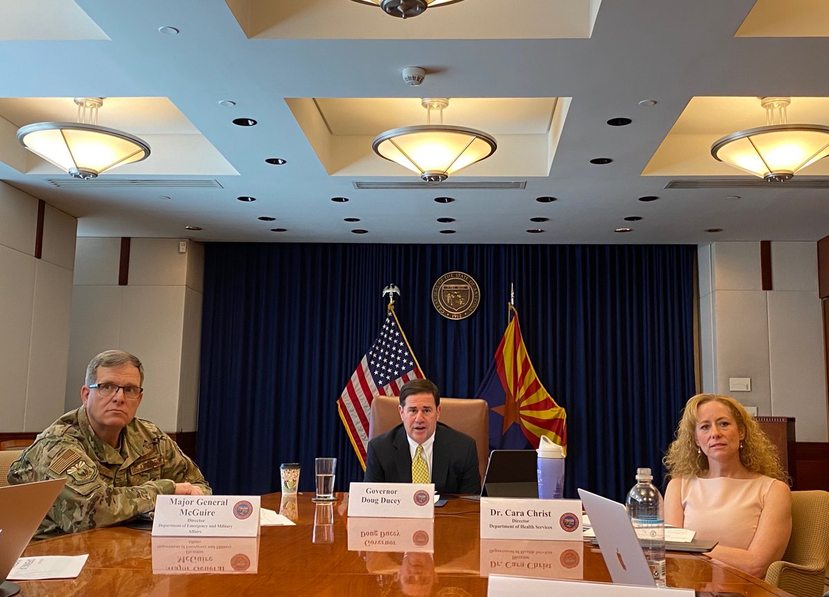 DougDucey's tweet photo. Had a productive call with @POTUS, @VP and fellow governors to discuss guidelines for reopening the nation when it’s safe and Arizona’s partnership with @uarizona to provide antibody testing for 250,000 medical professionals and first responders. #COVID19 https://t.co/ews4O2w3sC