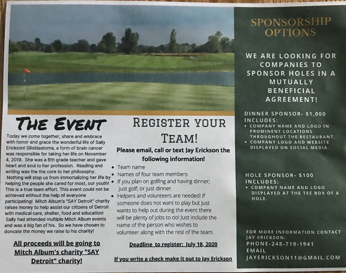 RDella6's tweet photo. Hoping we can return to new “normal” and everyone can join us in this golf outing that Jay is organizing in his mom’s honor with proceeds going to Mitch Albom’s @saydetroit charity. It has been one of Sally’s favorites. #livoniapride https://t.co/Zxc6E5dkX7
