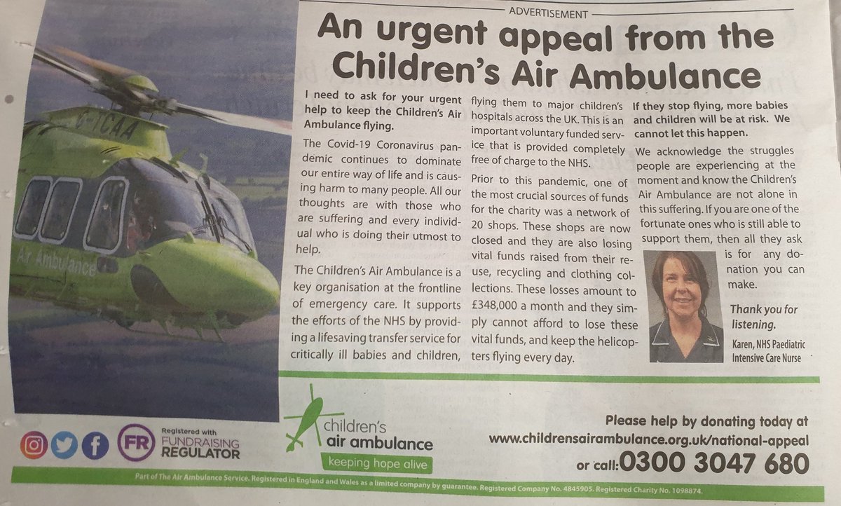 On today's Evening Standard!! Much needed given the current crisis to look after and transport critically ill children.. <a href="/STRS_Evelina/">STRS & Evelina London PICU</a> <a href="/ChildrensAirAmb/">Children's Air Ambulance</a> <a href="/ChildrensAir/">The Childrens Air Ambulance Charity Shop-Burton</a>