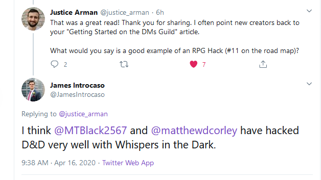 This tweet from <a href="/JamesIntrocaso/">James Introcaso</a> to @justice_arman is the highlight of my week.
The first Whispers in the Dark setting book is on KS now and we could use your help spreading the love with Retweets. 
Whispers adds investigation and #horror to #dnd5e 
kickstarter.com/projects/37222…