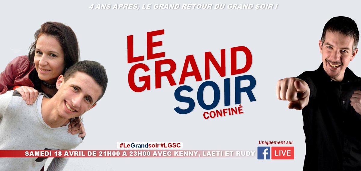 ‼ GROSSE ANNONCE ‼
Après 4 ans d'absence, l'émission "Le Grand Soir" sera de retour UNIQUEMENT le temps d'un soir en live vidéo Fcb pour un spécial confiné ! Et avec toute l'équipe 😃 !! 
Qui sera là ?
▶ Samedi 18 avril
🕘 21H00 / 23H00
📲 Facebook Live sur mon compte Facebook
