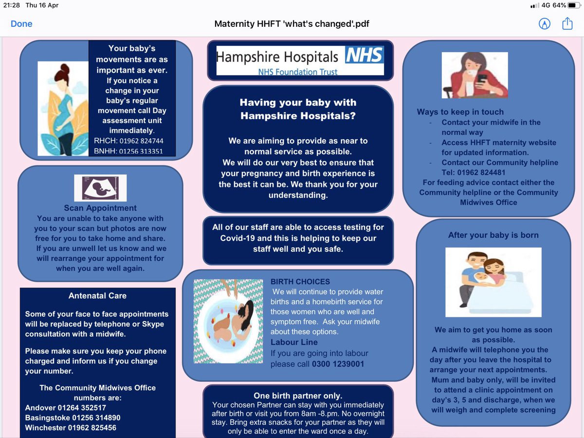 MaternityHHFT's tweet photo. Having your baby at Hampshire Hospitals? Lots of changes  have happened in the last few weeks due to Covid 19. Here’s all the new information in one place. Contact your community midwife if you have any further questions. They are still here to care for you. https://t.co/67qekZUdAO