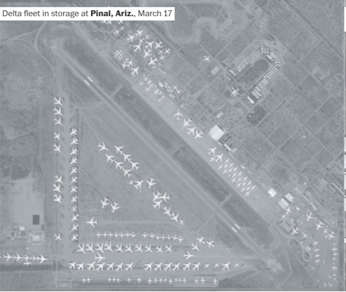 Dal <a href="/washingtonpost/">The Washington Post</a> Tre aeroporti dove sono stati messi a riposare numerosi aerei passeggeri. Sono solo alcuni dei tanti scali diventati parcheggi a lungo termine.
