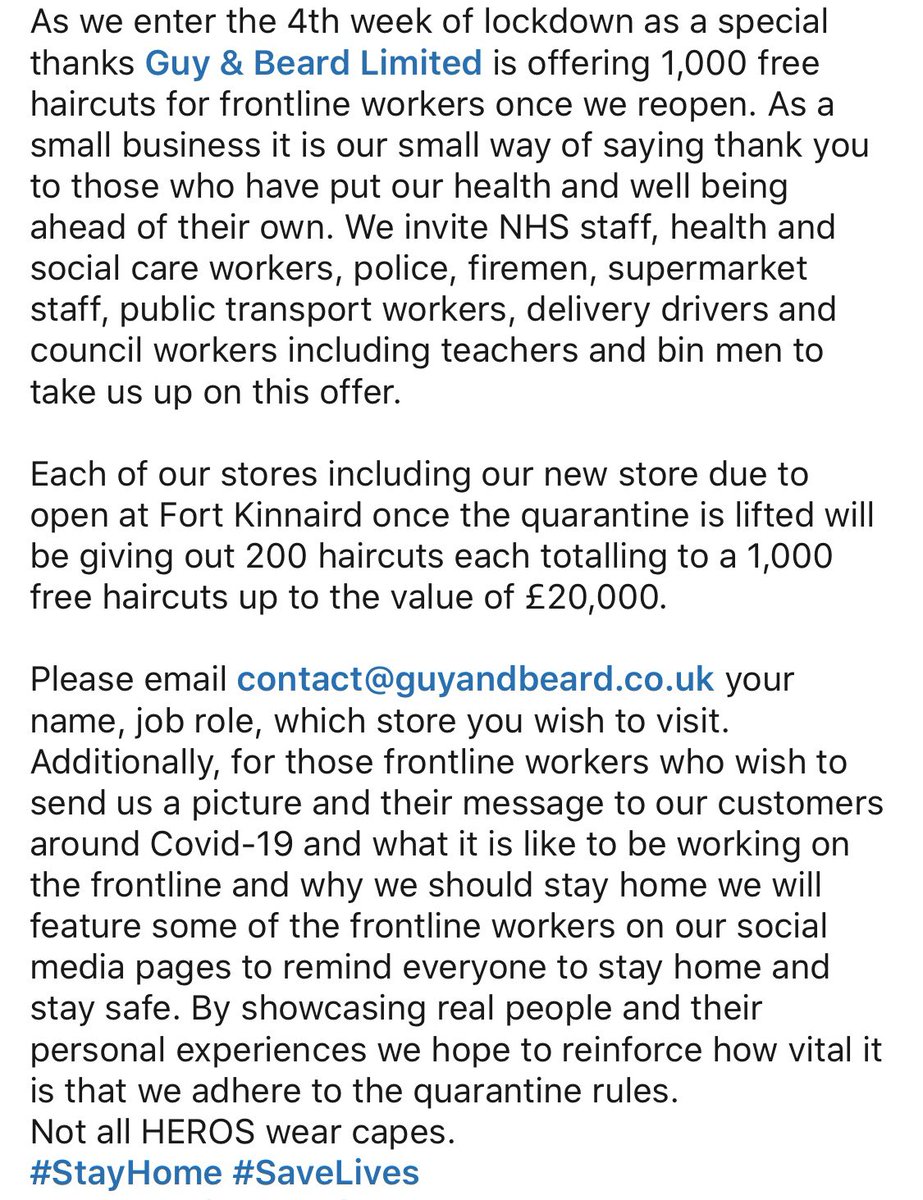 guyandbeard's tweet photo. As we enter the 4th week of lockdown as a special thanks we are offering 1,000 free haircuts for frontline workers once we reopen up to the value of £20,000.
Not all HEROS wear capes.
#StayHome #SaveLives https://t.co/oZsScBo5wF