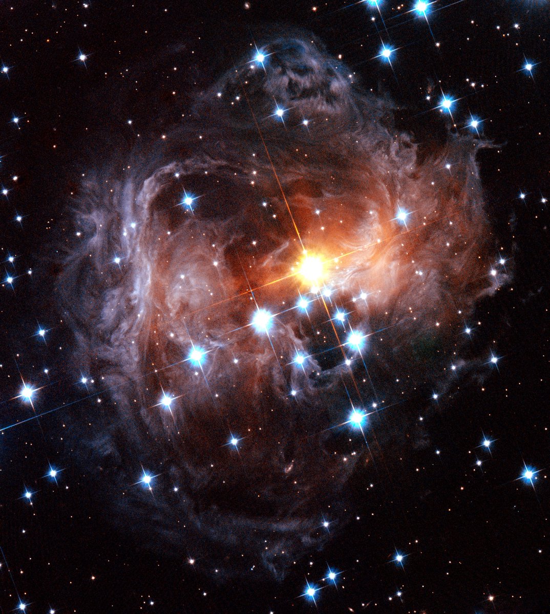 The "light echo" from the star V838 Monocerotis, which suddenly brightened in 2002. Light from the star reflects off surrounding (but distant) dust and arrives at Earth much later than the initial flare up.Image: NASA, ESA and H. Bond (STScI)