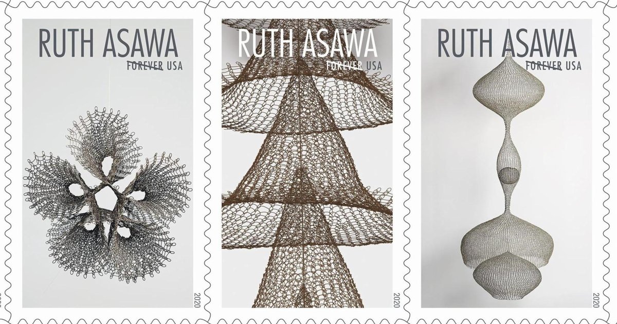 CommArts's tweet photo. EXHIBIT: @Kessler_Design’s stamps for @USPS use subtle colors and dramatic lighting to showcase pioneering artist Ruth Asawa’s intricate wire sculptures. https://t.co/rKCQrDbN1W https://t.co/XsBh8uxn0x