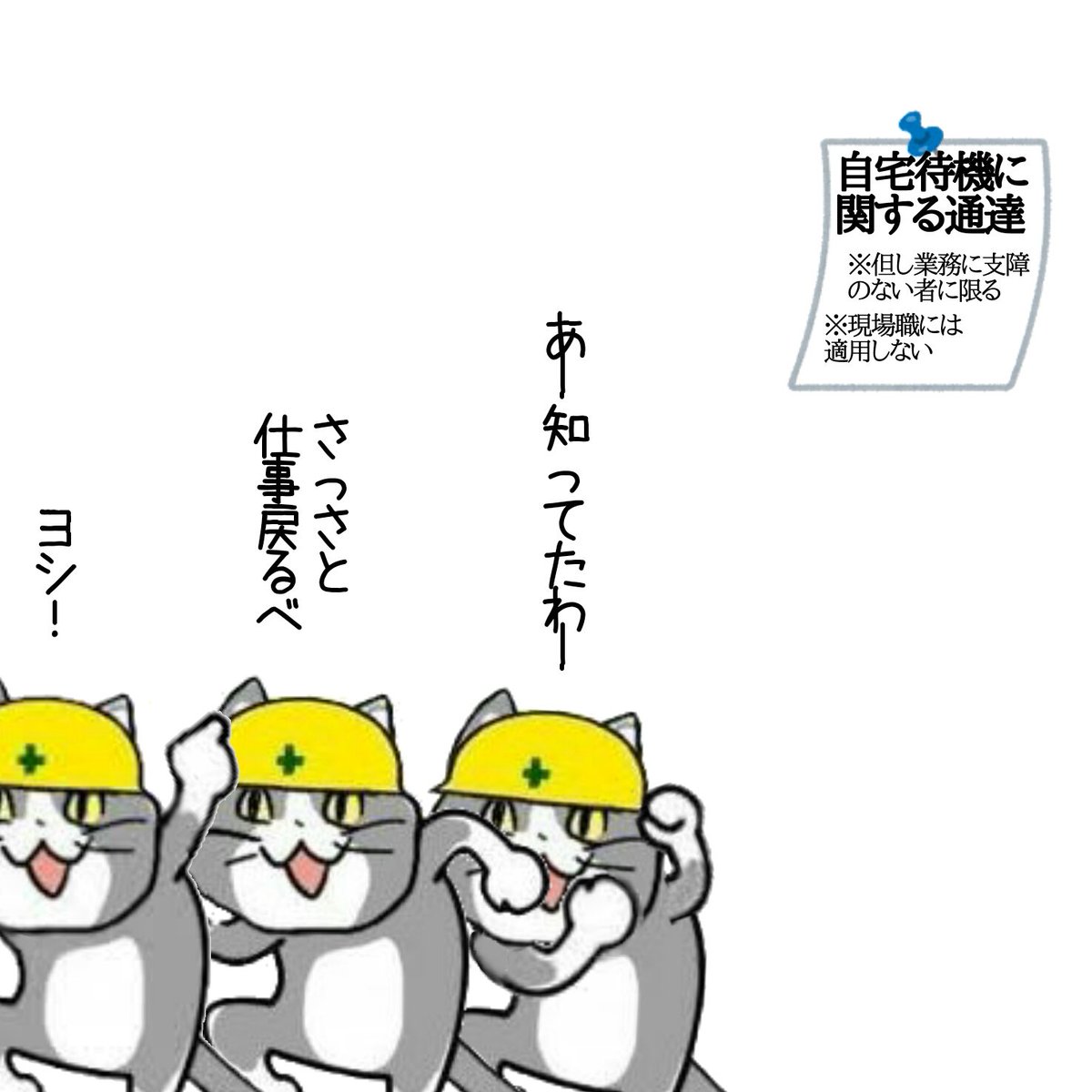 (1枚目)自宅待機通達が出たときの俺たち
(2枚目)ただし書きを見たときの俺たち
 #現場猫 