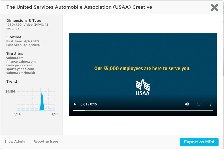 williammerchan's tweet image. #COVID19 @usaa took the #3 spot for the past 30 days in our Financial Services rankings, due largely to a large video buy on Yahoo on 4/2, promoting their COVID-19 response of returning $520 million to members with auto policies.
#PathmaticsExplorer okt.to/e4qWsm