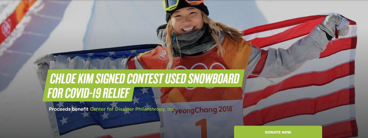 Chloe Kim (@chloekim) on Twitter photo Please consider donating to <a href="/funds4disaster/">Center for Disaster Philanthropy</a> COVID-19 Response Fund. With your donation, you could win my contest-used/signed snowboard (or items from 150 athletes). Letās all support one another during these times ā¤ļø LINK IS IN MY BIO Please consider donating to <a href="/funds4disaster/">Center for Disaster Philanthropy</a> COVID-19 Response Fund. With your donation, you could win my contest-used/signed snowboard (or items from 150 athletes). Letās all support one another during these times ā¤ļø LINK IS IN MY BIO