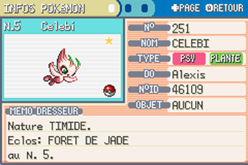 Noopy45's tweet photo. Celebi Shiny au Glitch Grena qui tombe en seulement 1020 resets 😁 J'en avais déjà eu un sur Cristal, mais j'en voulais sur old gen 😜 Et en plus, il est de nature timide, le nature parfaite 😂 https://t.co/k98RK2Xkwc