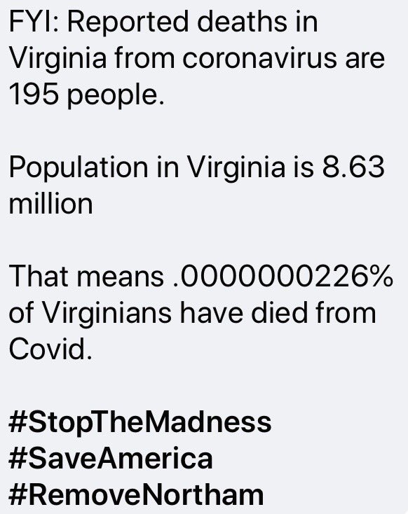 demoehling's tweet photo. @GovernorVA @GovernorVA you are attempting to destroy our economy. We see through the charade. #reopenva #RemoveNortham #SaveAmerica your allegiance to the #globalist agenda is sickening. #KAG #KAG2020 https://t.co/ax0HOr3xzd