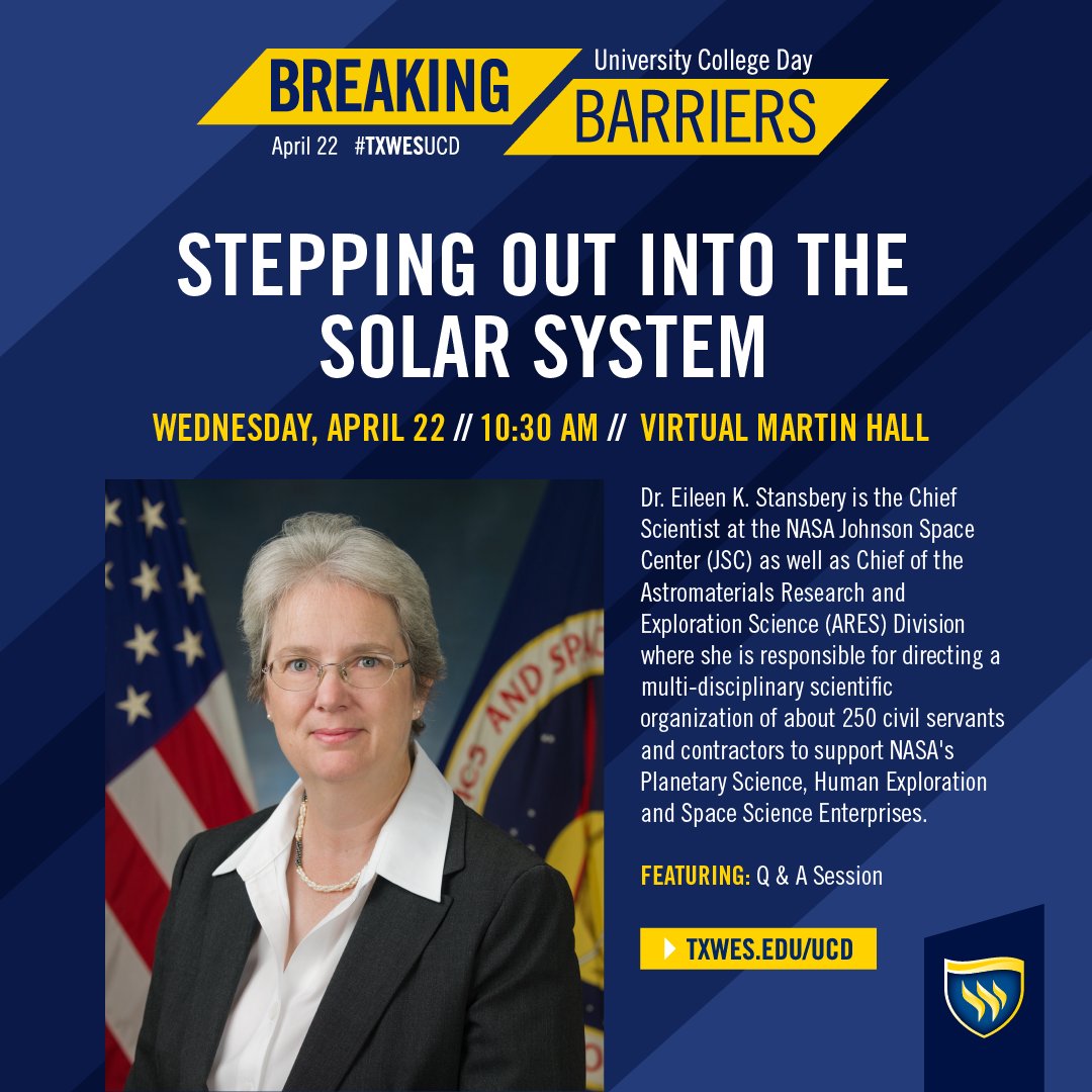 TXWESAdmissions's tweet photo. Virtual learning hasn't stopped TXWES from bringing great minds and leaders to our students. Next week, on University College Day, Dr. Eileen K. Stansbery, Chief Scientist at the NASA Johnson Space Center, will present virtually to TXWES! #SmartRams #RamsUp https://t.co/rV9DT4UwKj