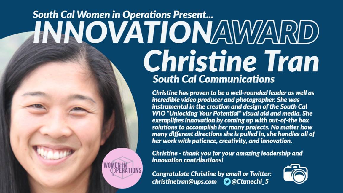 Please join the South Cal Women in Operations in recognizing <a href="/Ctunechi_5/">ctunechi_5</a>!  
Christine - thank you for everything you do for the South Cal district. We appreciate you!  We are proud to present you with our April Innovation Award 😁🤩 <a href="/jrindafernshaw/">Fern Shaw</a> @SouthCalUPSers <a href="/divine2wincom/">Trina Norman</a>