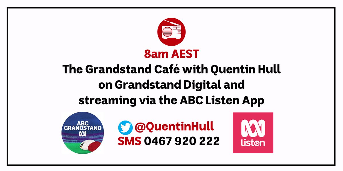 📻🎙️ UP NEXT at 8am AEST: The Grandstand Cafe with <a href="/QuentinHull/">🎙️QUENTIN HULL</a>!

👨🏉 Coaching w/ <a href="/rainesy29/">Andrew Raines</a>
🏊‍♀️🥇 The Moment w/ Jodie Henry
🏉🏟️ Rugby w/ Phil Mooney

☎️📞Call us: 1300 361 700 📱💬 SMS: 0467 920 222.

🚨 Listen on Grandstand Digital + ABC Listen app. 👇
ab.co/2RJNRRI