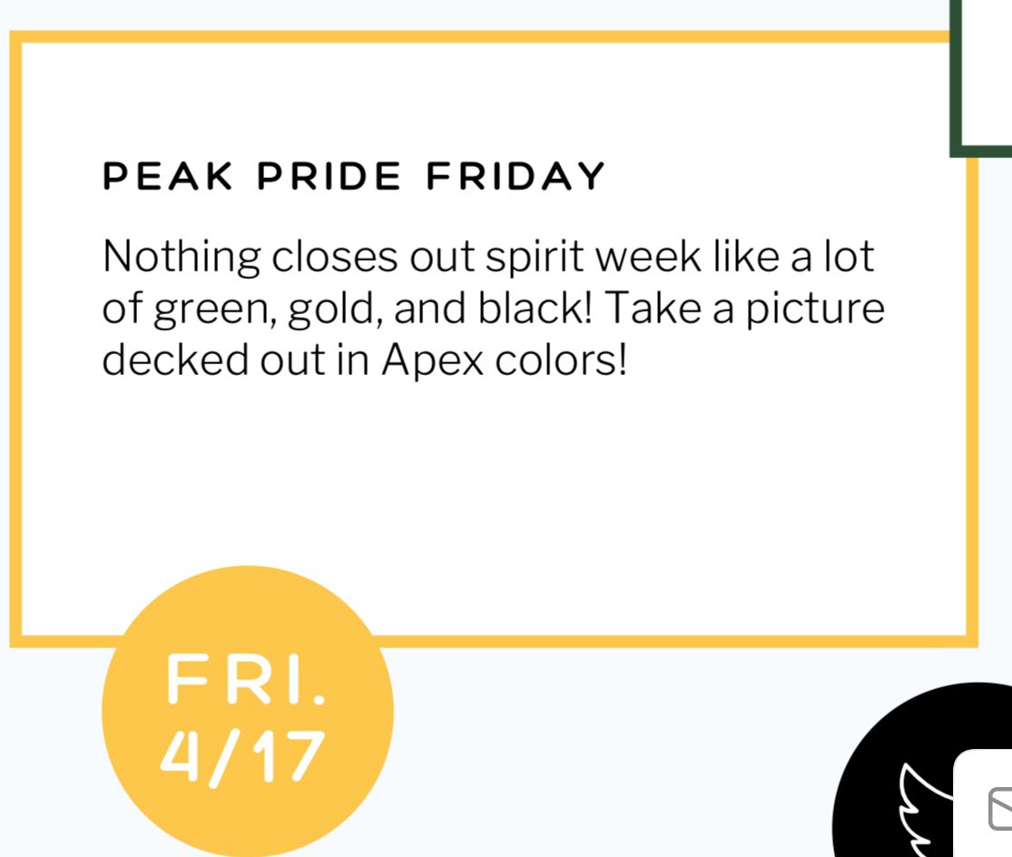 ApexHighSchool's tweet photo. Alright, Apex, tomorrow is the big day! Let us see that Greenπ, Goldπand Blackπ€! Cougars past, present and future show off your gear and share #VirtualPeakWeek @JacqueskGilbert @ApexPolice @townofapex @apex https://t.co/re1h0qxvtf