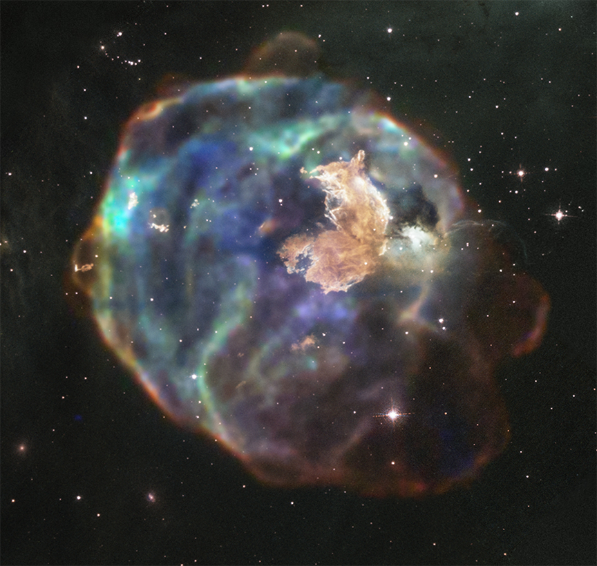 Here's shows a supernova remnant left behind when a massive star exploded. This image is a combination of x-ray data from  @chandraxray and optical light detected by Hubble. Learn more:  https://s.si.edu/3euScl9 