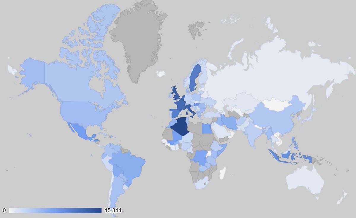 Here are links to interactive COVID-19 death rate (CFR%) maps that get updated automatically whenever I update my spreadsheet with new data:World map: https://docs.google.com/spreadsheets/d/e/2PACX-1vRTMZmmNigx4xFaaFvTSTbhw_Kv6iVJC9BezO71IDto0Lr3z3-DcufPO8M6zvSGnIdgOhYDVmzbo_K8/pubchart?oid=359876367&format=interactiveEurope: https://docs.google.com/spreadsheets/d/e/2PACX-1vRTMZmmNigx4xFaaFvTSTbhw_Kv6iVJC9BezO71IDto0Lr3z3-DcufPO8M6zvSGnIdgOhYDVmzbo_K8/pubchart?oid=38198778&format=interactiveAsia: https://docs.google.com/spreadsheets/d/e/2PACX-1vRTMZmmNigx4xFaaFvTSTbhw_Kv6iVJC9BezO71IDto0Lr3z3-DcufPO8M6zvSGnIdgOhYDVmzbo_K8/pubchart?oid=1790428823&format=interactiveSouth America: https://docs.google.com/spreadsheets/d/e/2PACX-1vRTMZmmNigx4xFaaFvTSTbhw_Kv6iVJC9BezO71IDto0Lr3z3-DcufPO8M6zvSGnIdgOhYDVmzbo_K8/pubchart?oid=1578408634&format=interactive