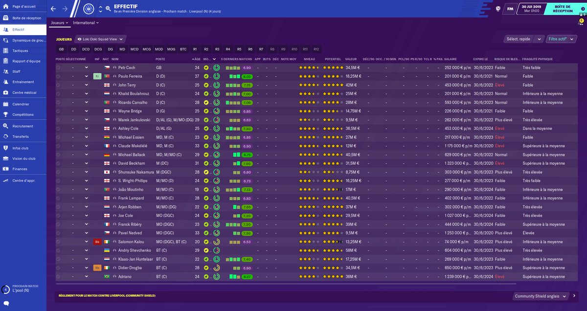 Voici un récapitulatif de mon effectif, mes autres joueurs, mes transferts et futurs transferts. La saison va débuter au prochain match avec le Community Shield contre le Liverpool de  @scootR_FM !  #VK0607