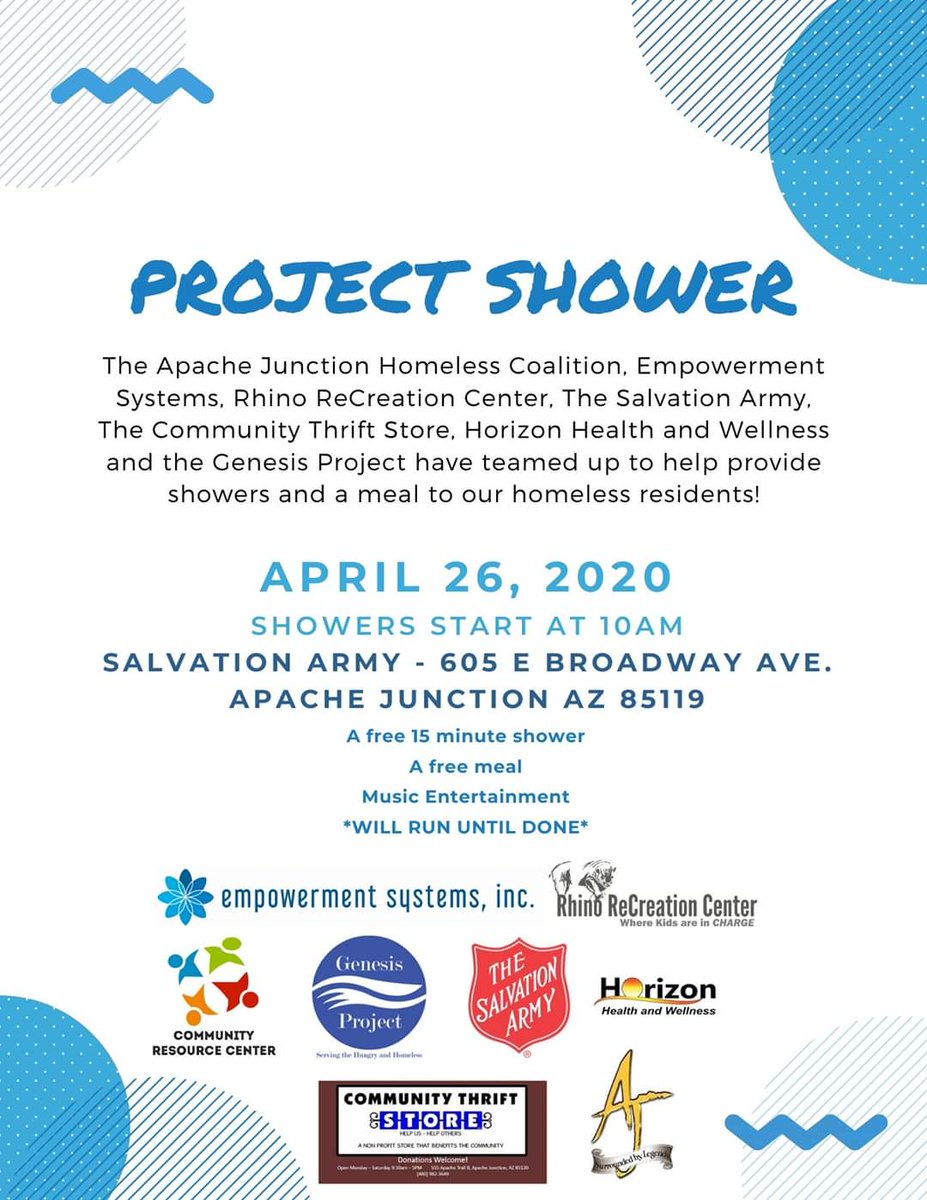 EmpowermentSys1's tweet image. On April 26th, starting at 10am, we will be offering free 15-minute showers and meals to our communities homeless population.
This event will be held at the @AJCityAZ @SalvationArmyUS and will go until there is no longer a need.

Learn more- m.facebook.com/story.php?stor…