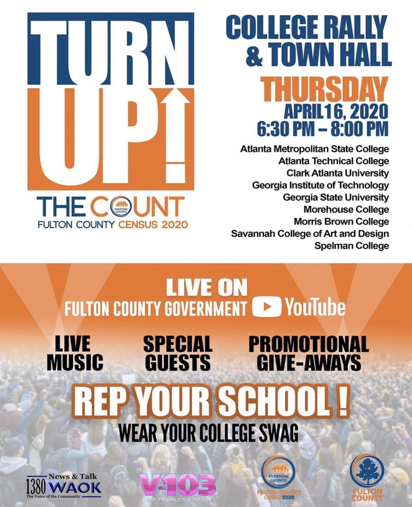 V103Atlanta's tweet photo. #v103atlanta @DjGregStreet is teaming up with @FultonInfo & @uscensusbureau for #TurnUpTheCount Virtual Really! Scheduled are @killermike @troubleman31 @ludacris @repjohnlewis WATCH LIVE TODAY 6:30-8:30 p.m https://t.co/YoZlhBAi9b #2020Census #BeCounted #thursdayvibes https://t.co/6T8mXhcuUl