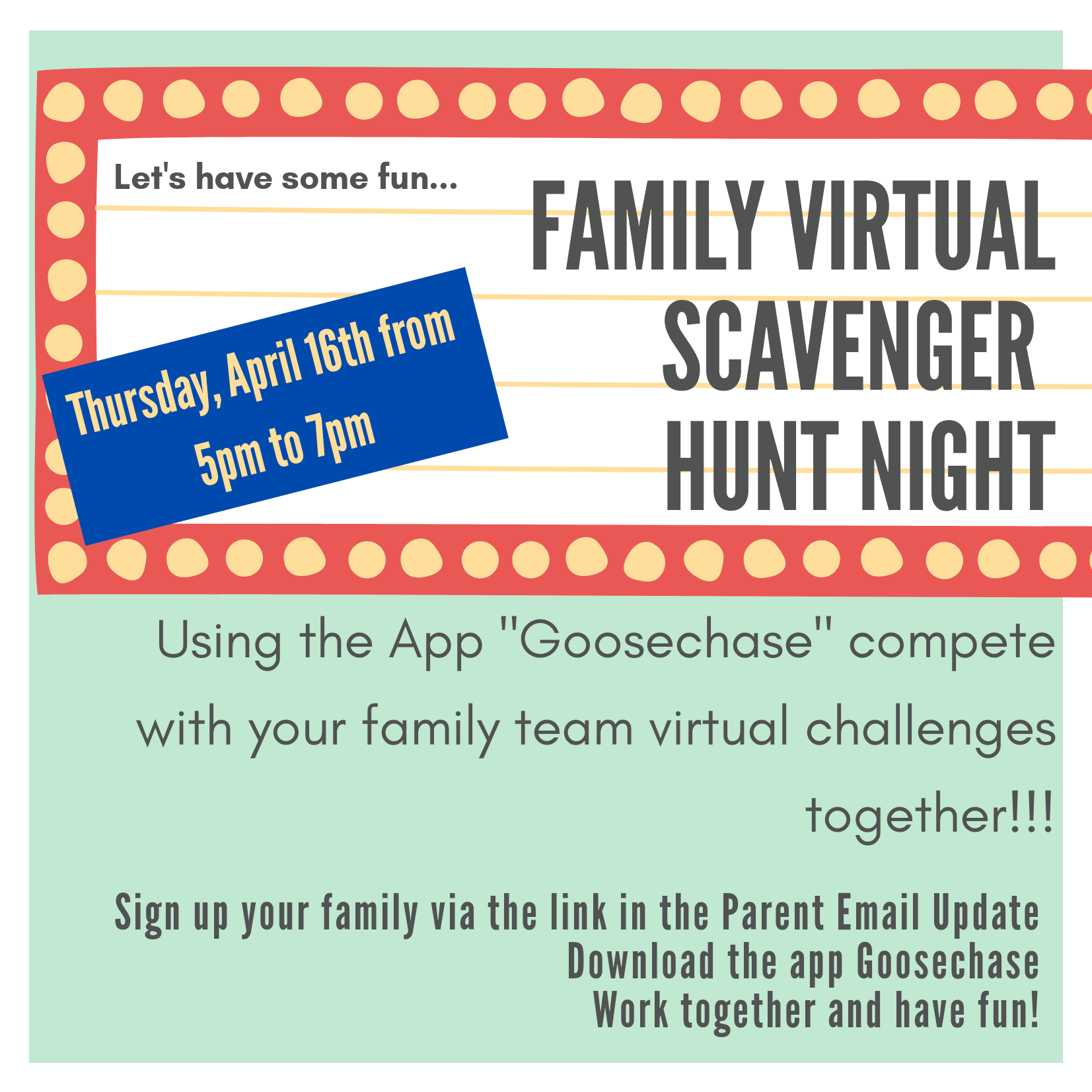 Kirianne Suriano on Twitter: "Our first family virtual scavenger hunt is  underway with @GooseChase! 36 family teams participating and having fun  earning prizes! @chickasawtrail #choosechickasaw #remotelearning  https://t.co/hhHw88LpCy" / Twitter