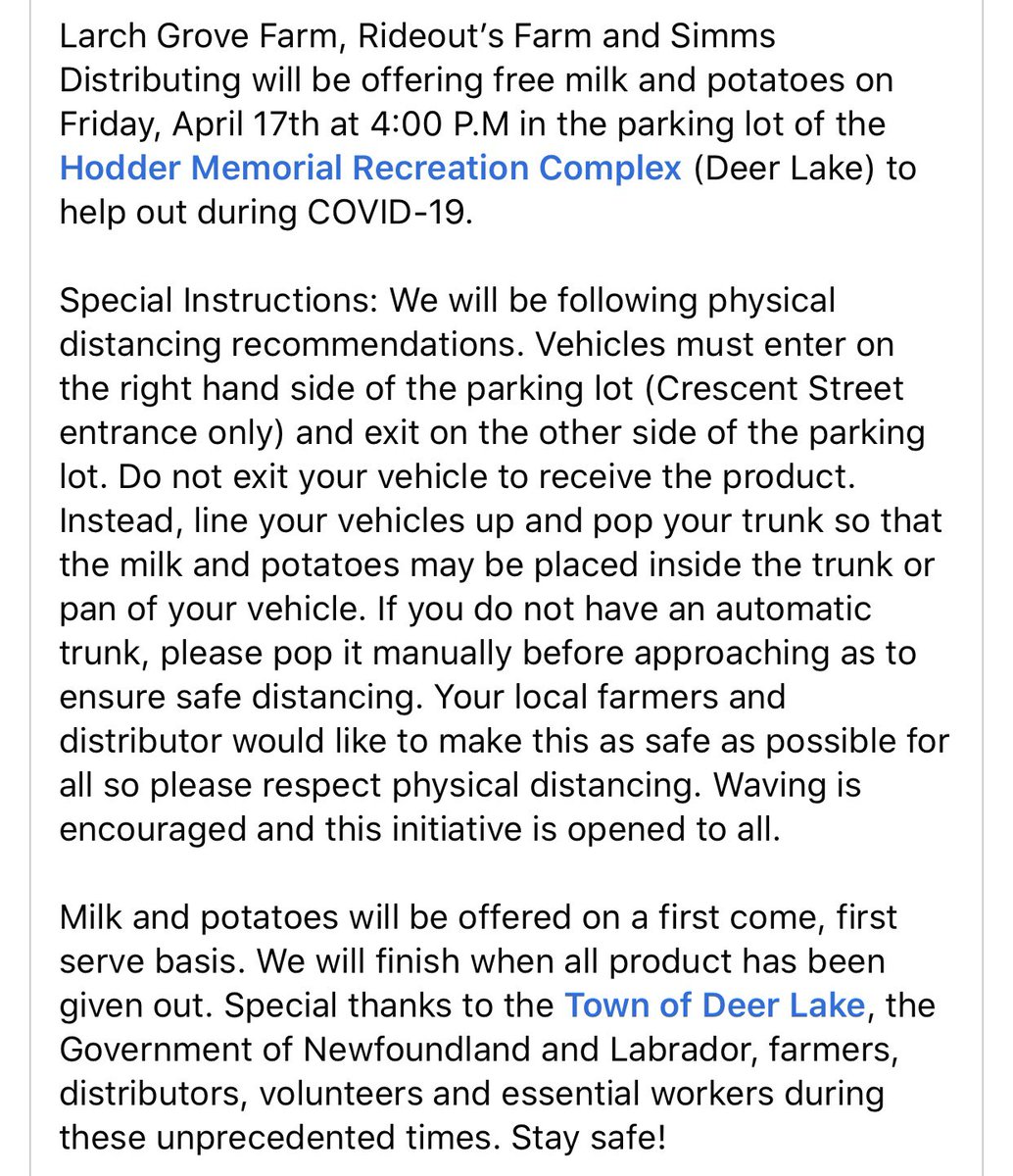 Free milk and potatoes being offered in Deer Lake tomorrow April 17th. Further details in the pictures. Please practice safe distancing 🐄🥔🥛<a href="/NLFarmer2011/">Melvin J Rideout</a> <a href="/simmsstephen/">Stephen Simms</a>